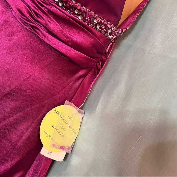 Elegant, hand beaded, satin, plunging, magenta formal ball gown with tags, 12 - Picture 8 of 11